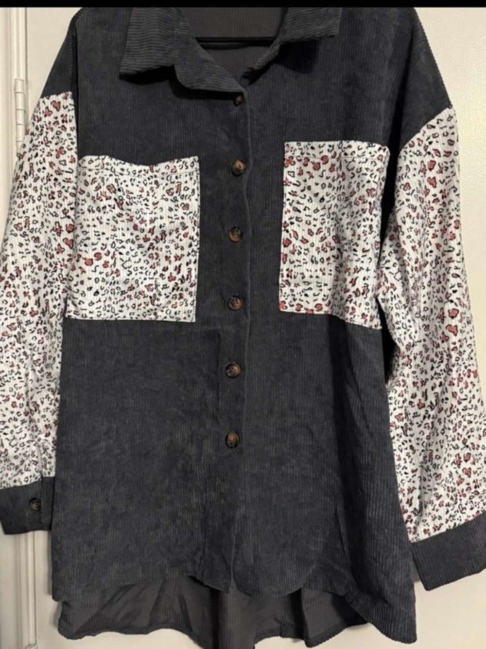 SHEIN Charcoal Corduroy Button-Up Jacket with White Leopard Panels